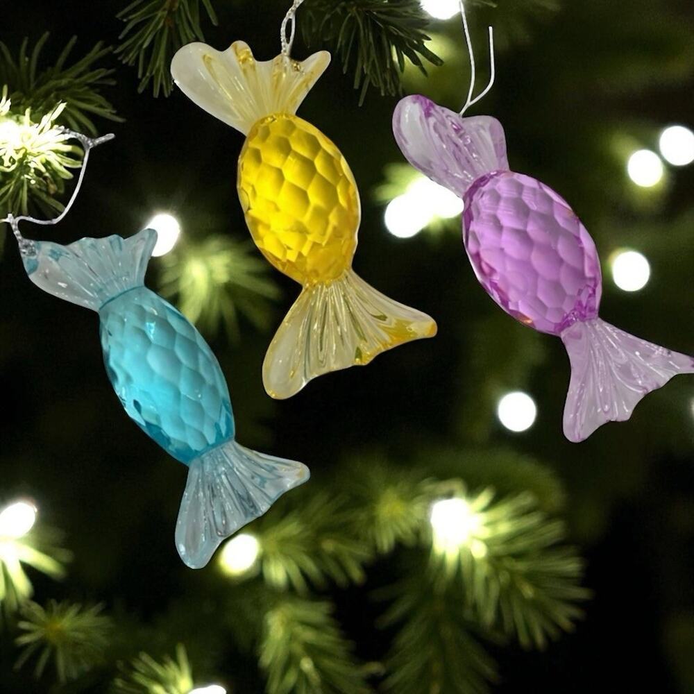 3 Pieces Candy Twisted Ornaments‎ Christmas Tree Yellow Blue Purple-New